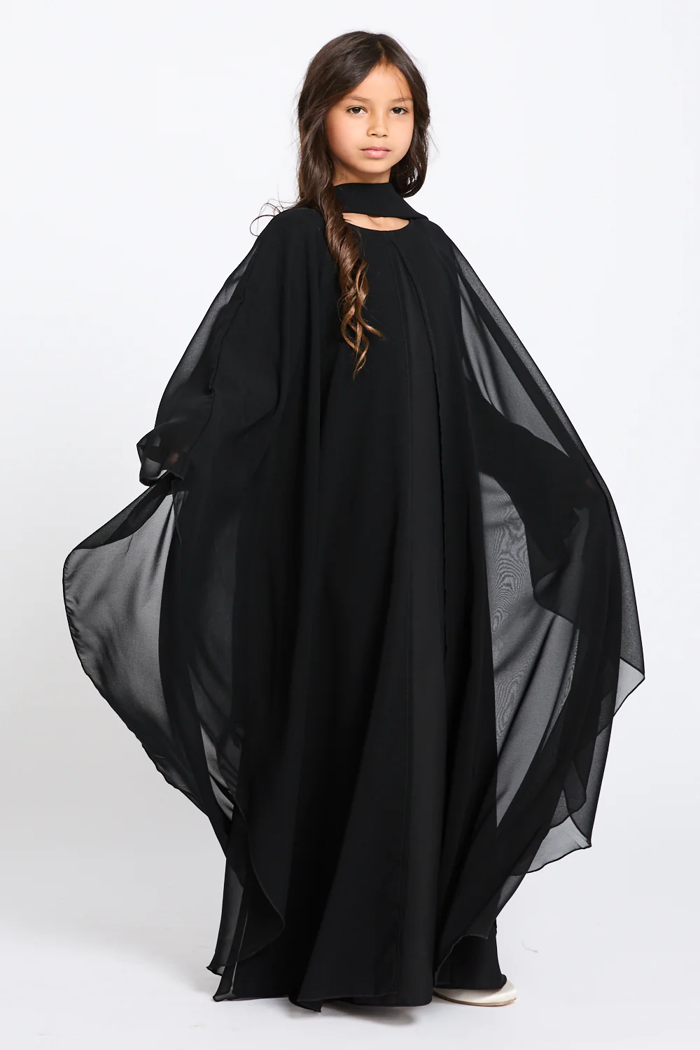 Junior Girls Closed Abaya with Butterfly Cut Chiffon Overlay - Black - Image 6