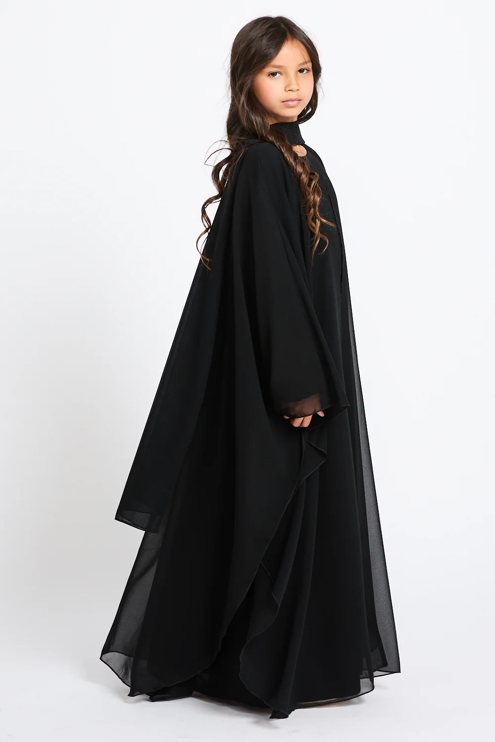 Junior Girls Closed Abaya with Butterfly Cut Chiffon Overlay - Black - Image 7