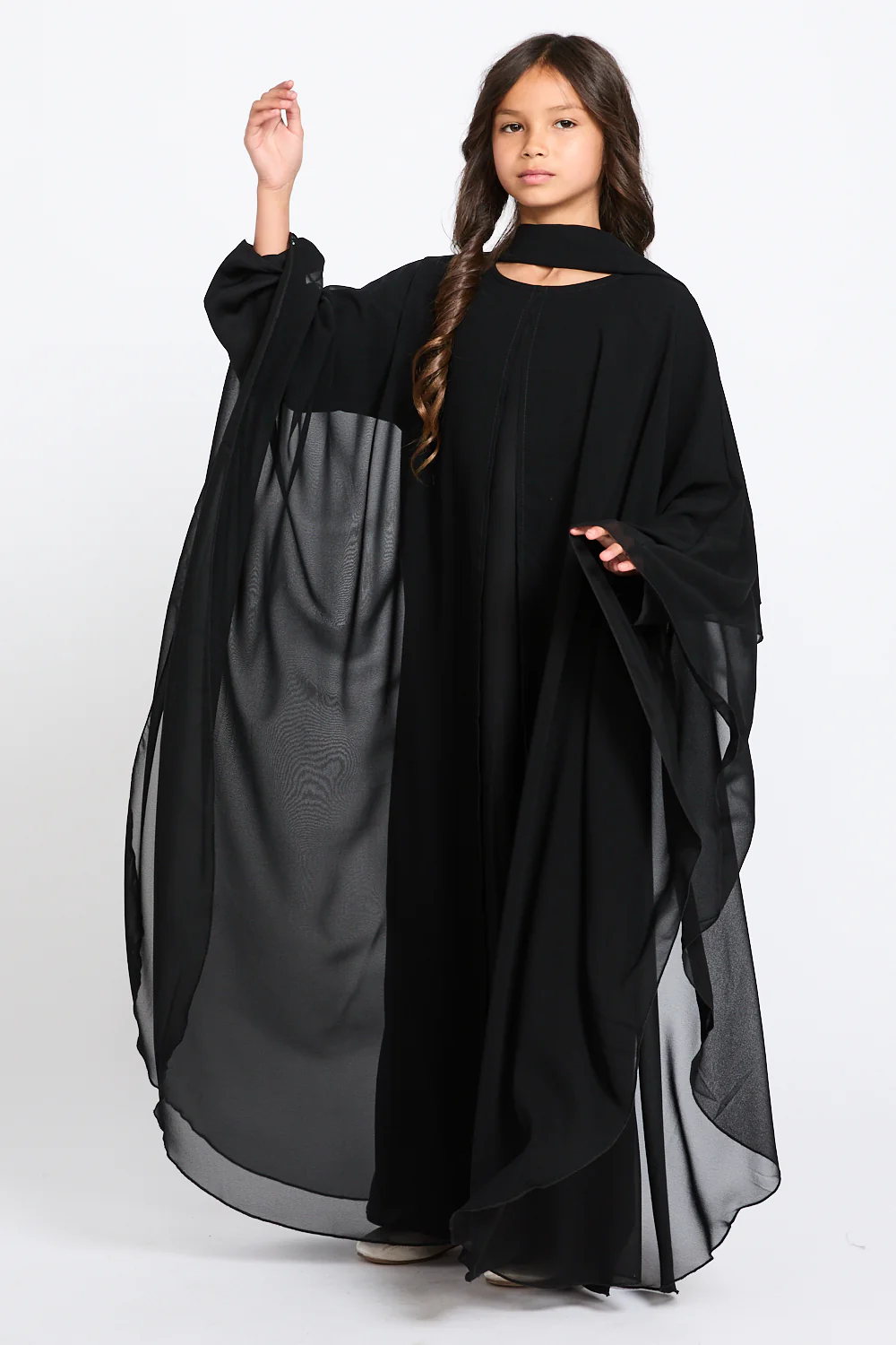 Junior Girls Closed Abaya with Butterfly Cut Chiffon Overlay - Black - Image 8