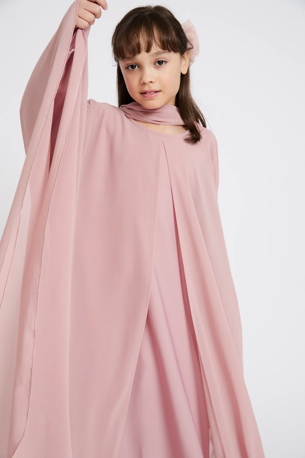 Junior Girls Closed Abaya with Butterfly Cut - Blushing Rose - Image 2