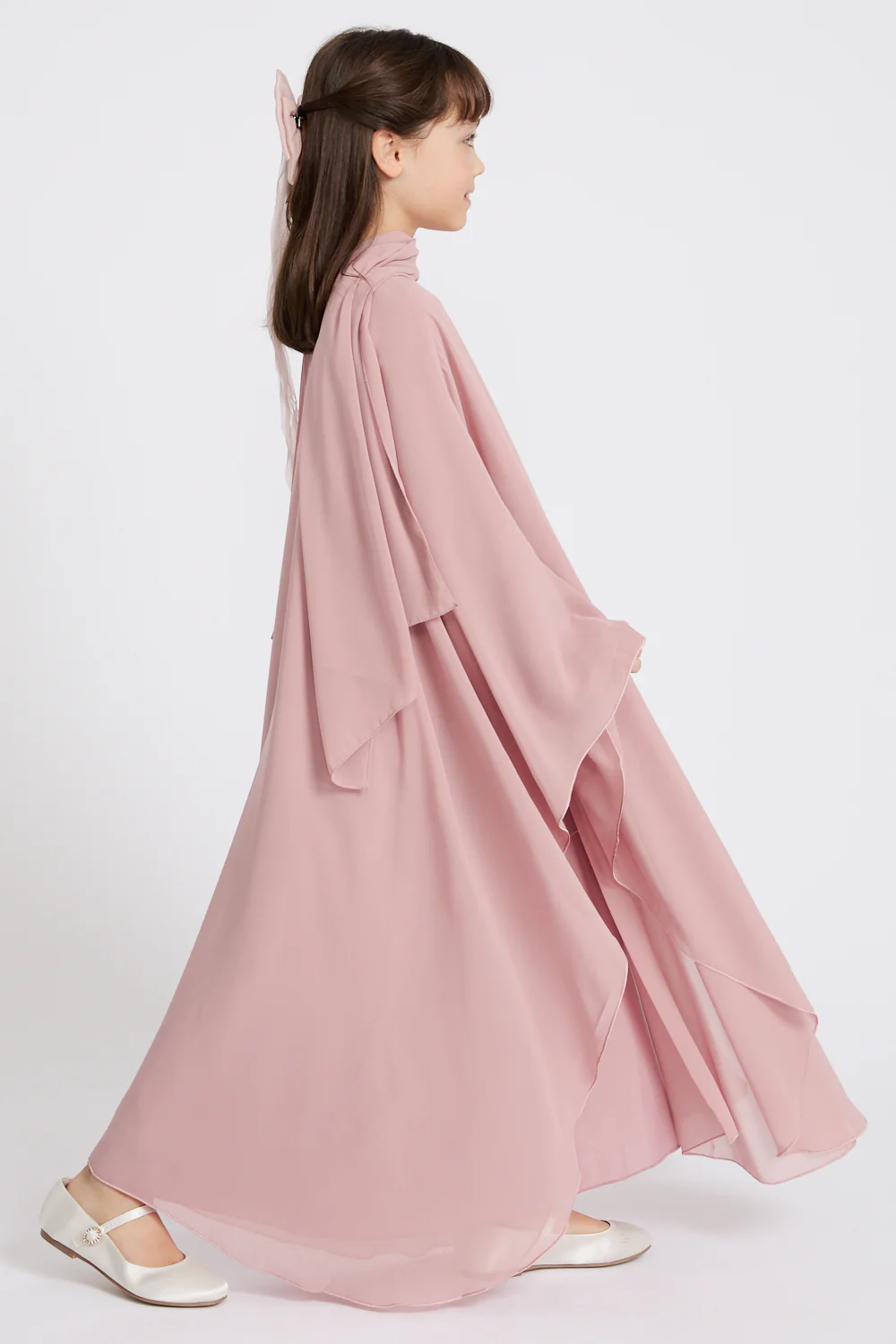 Junior Girls Closed Abaya with Butterfly Cut - Blushing Rose - Image 6