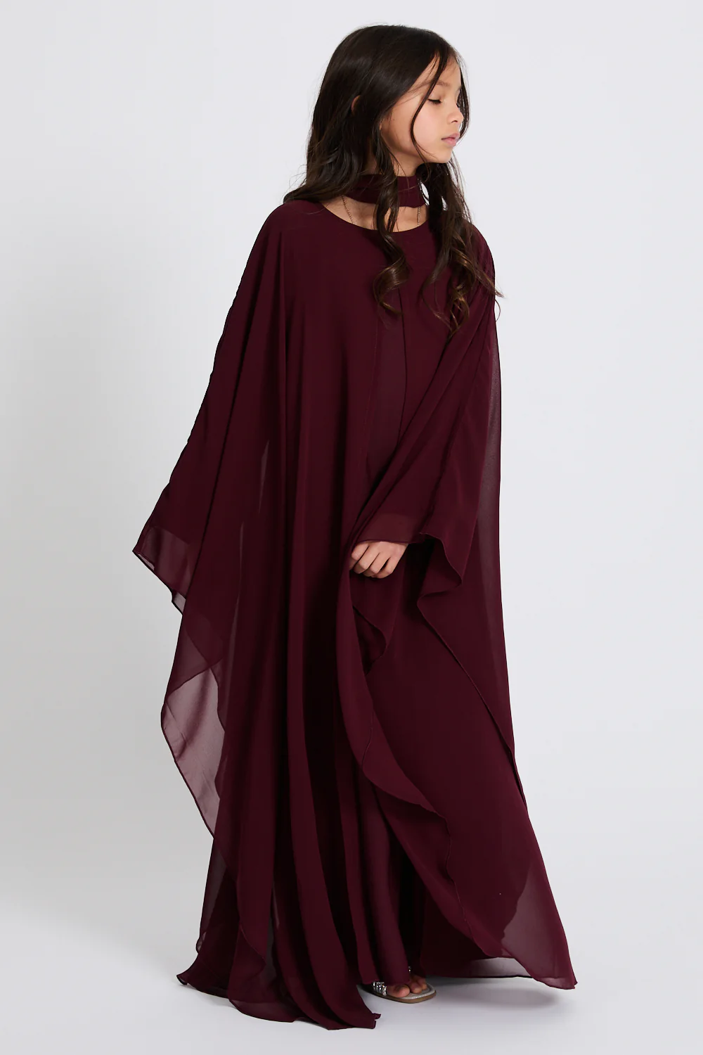 Junior Girls Closed Abaya with Butterfly Cut - Burgundy Rose - Image 5
