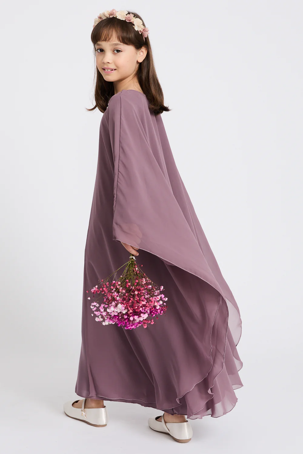 Junior Girls Closed Abaya with Butterfly Cut - Lilac Mauve - Image 3