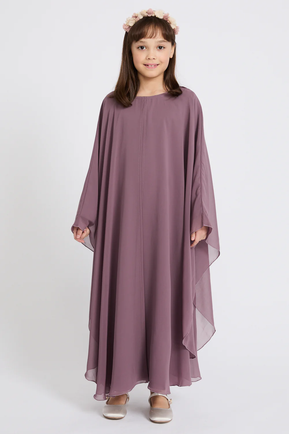 Junior Girls Closed Abaya with Butterfly Cut - Lilac Mauve - Image 5
