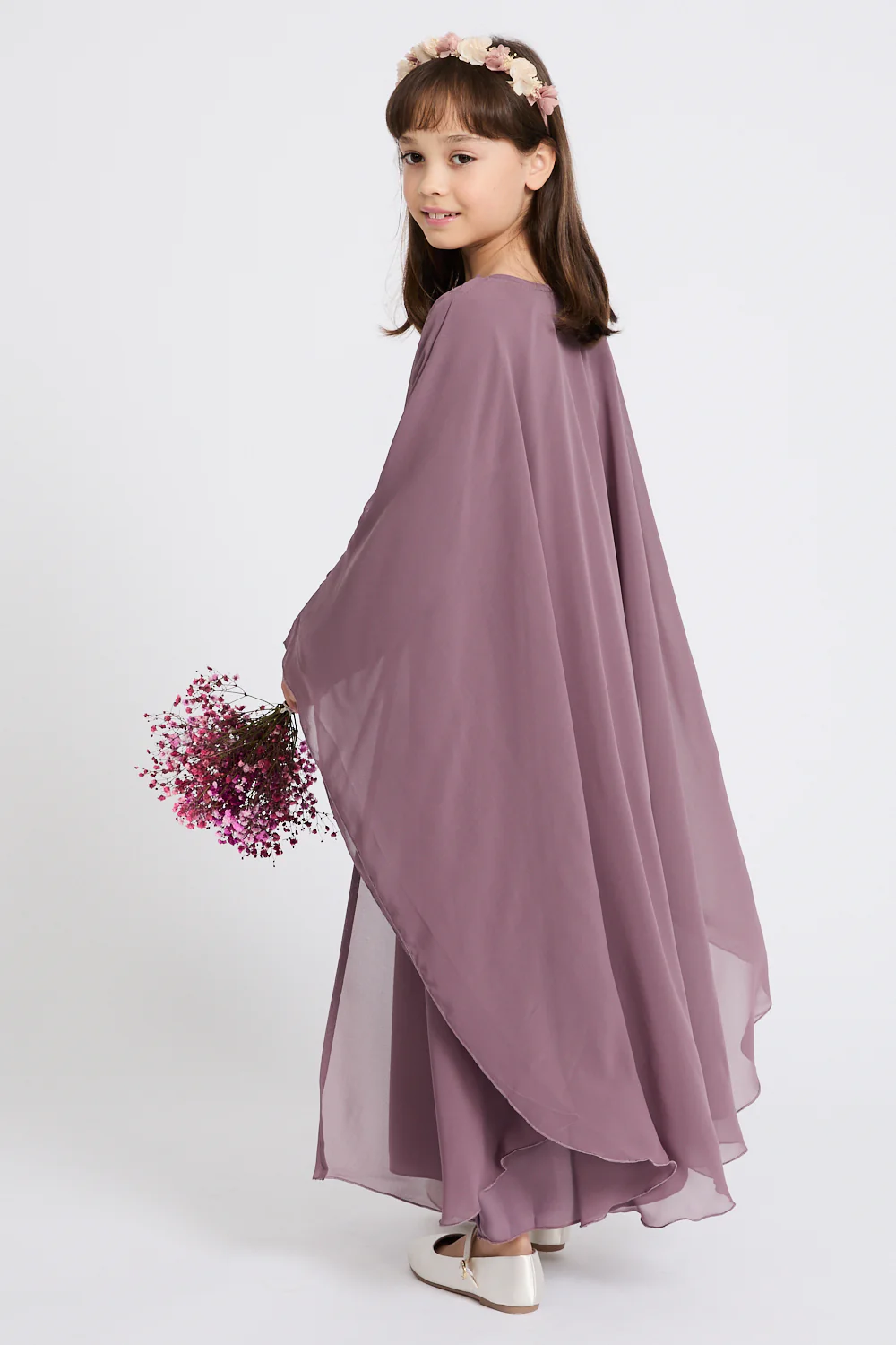 Junior Girls Closed Abaya with Butterfly Cut - Lilac Mauve - Image 6
