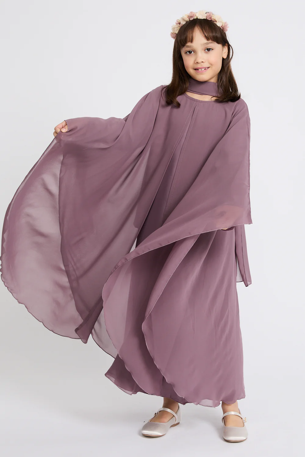 Junior Girls Closed Abaya with Butterfly Cut - Lilac Mauve - Image 7