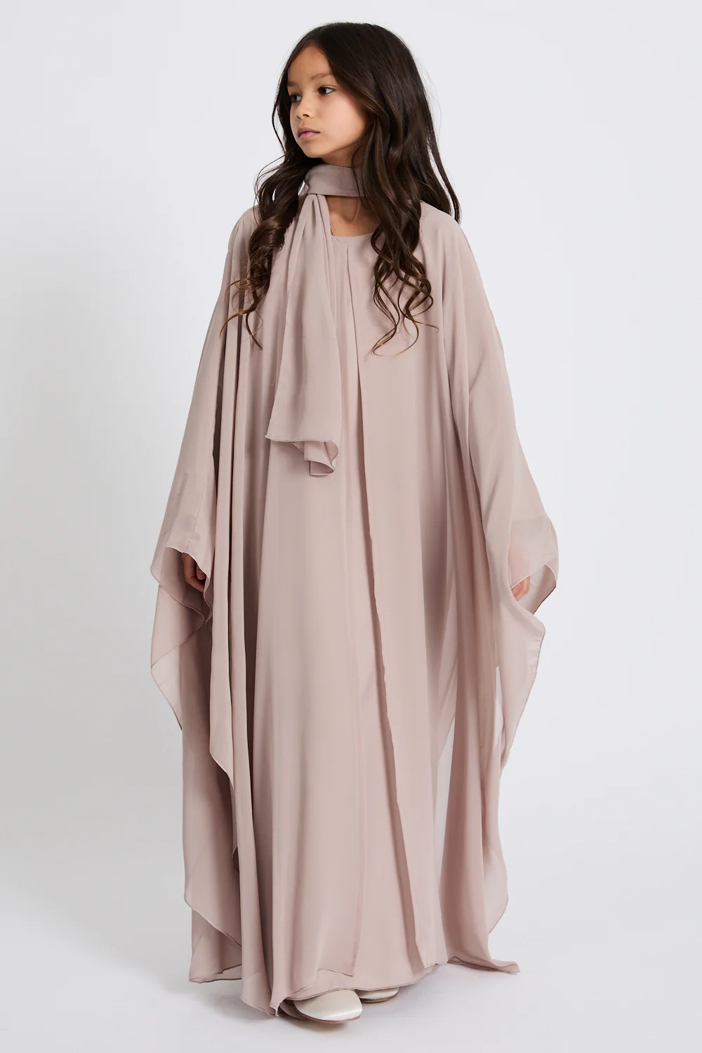 Junior Girls Closed Abaya with Butterfly Cut  - Misty Mink - Image 4
