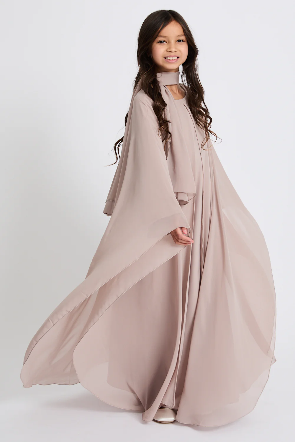 Junior Girls Closed Abaya with Butterfly Cut  - Misty Mink - Image 5