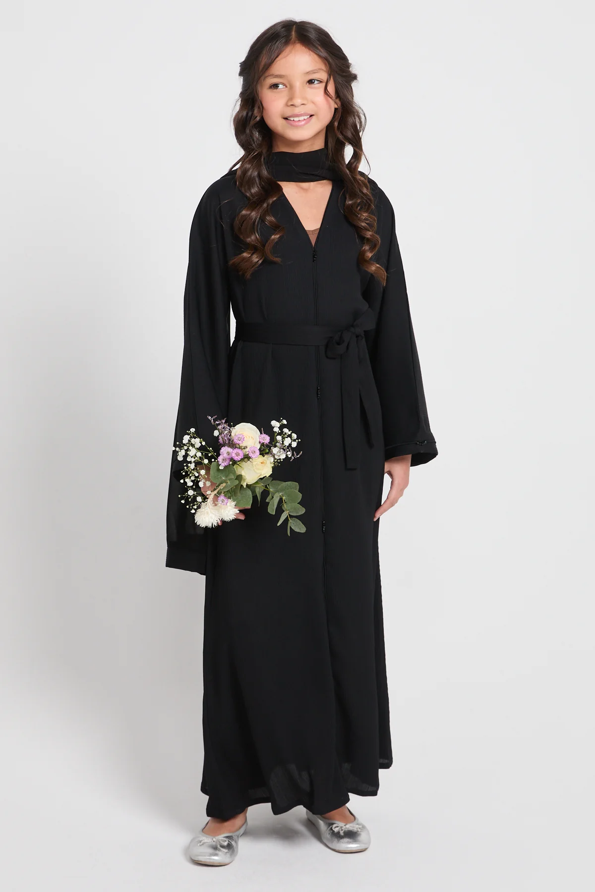 Junior Girls Closed Textured Abaya with Dainty Detailing - Black
