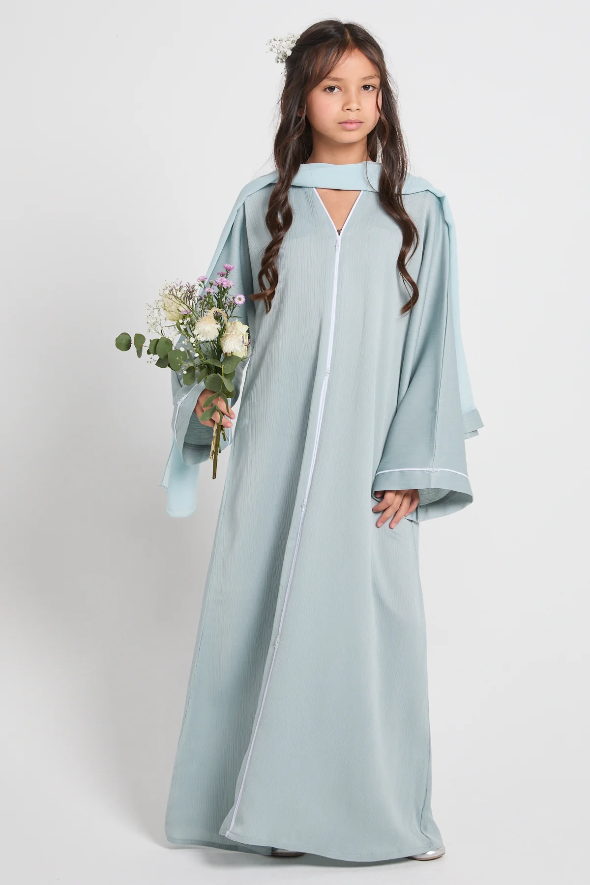 Junior Girls Closed Textured Abaya with Dainty - Dusky Powder Blue