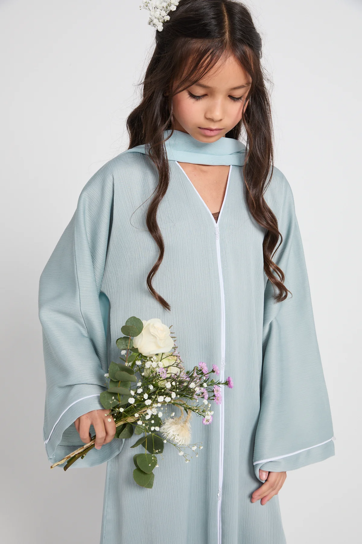 Junior Girls Closed Textured Abaya with Dainty - Dusky Powder Blue - Image 2