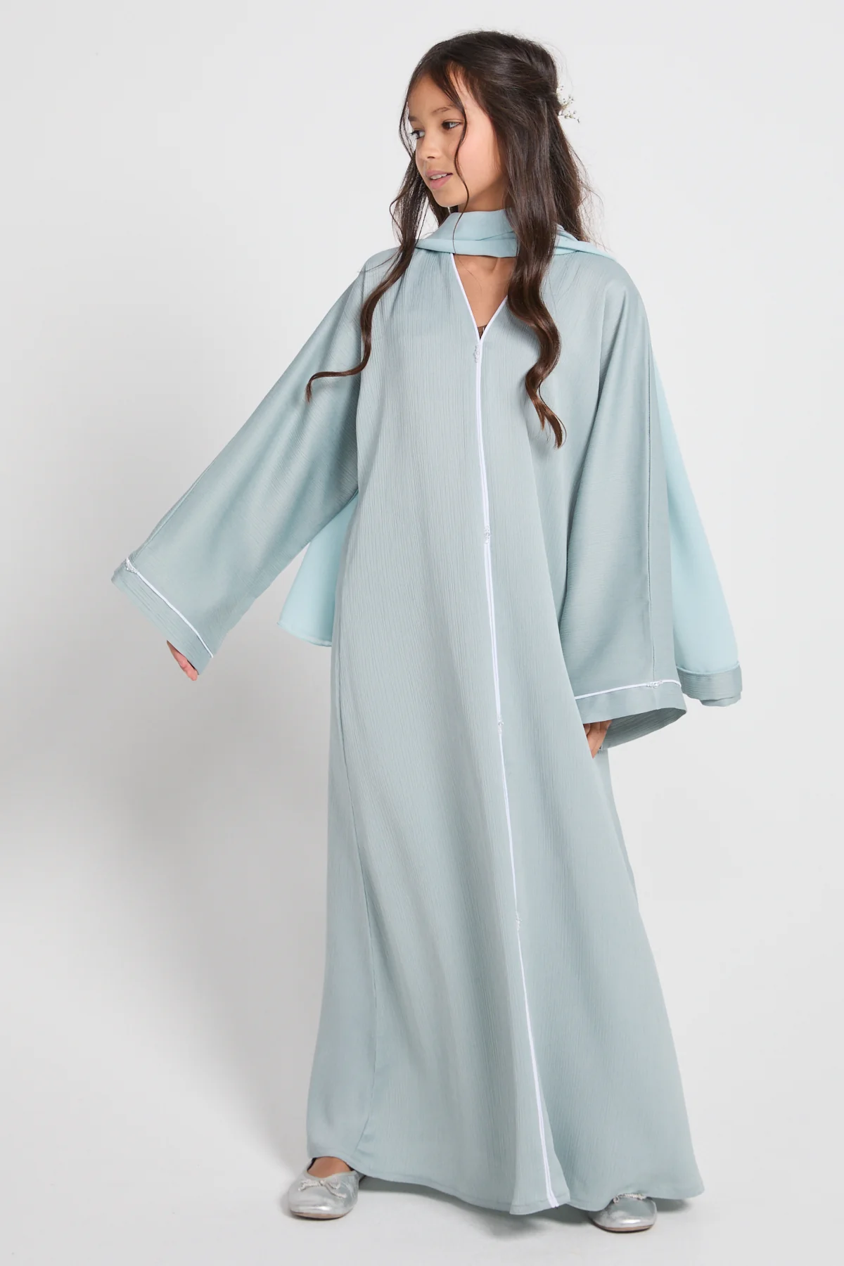 Junior Girls Closed Textured Abaya with Dainty - Dusky Powder Blue - Image 3