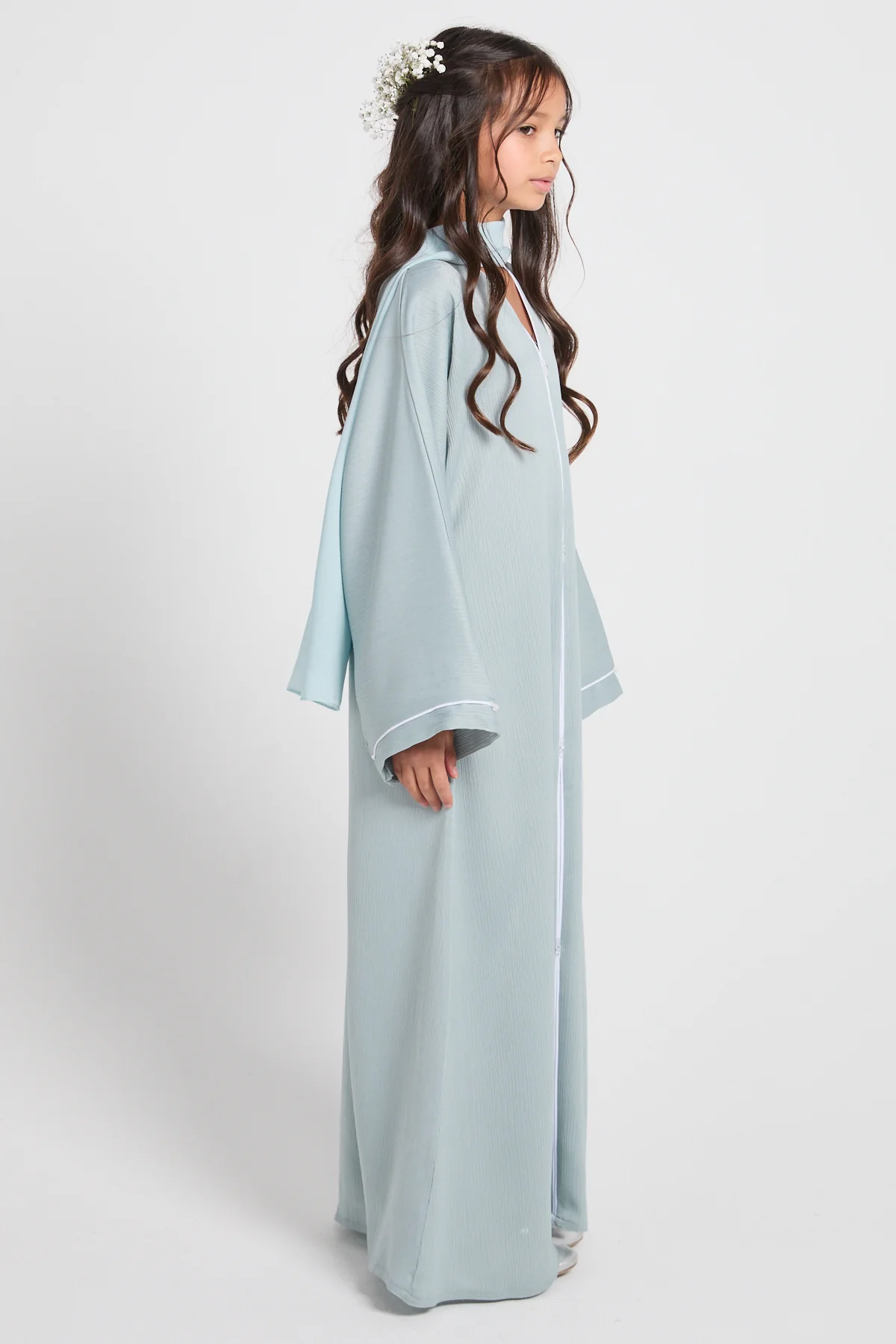 Junior Girls Closed Textured Abaya with Dainty - Dusky Powder Blue - Image 4