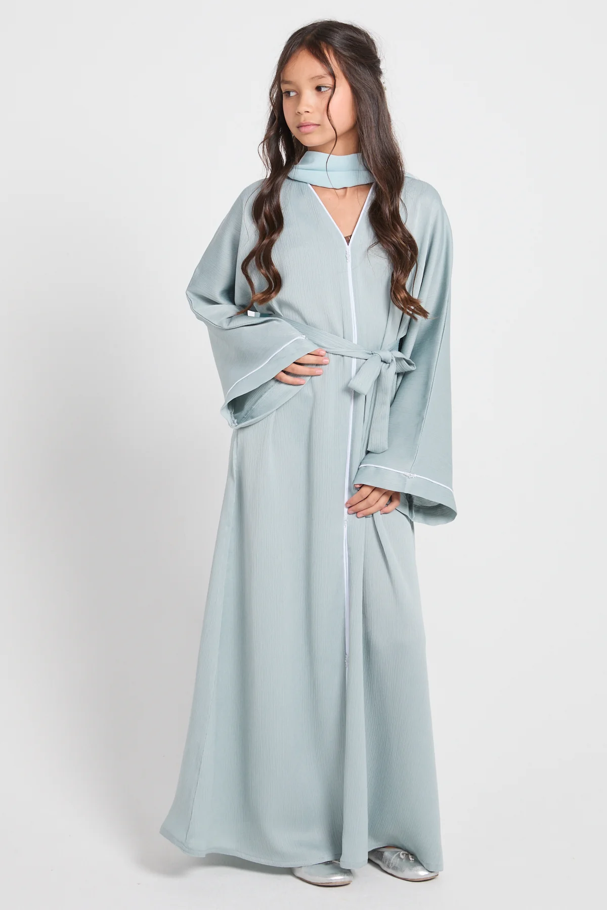 Junior Girls Closed Textured Abaya with Dainty - Dusky Powder Blue - Image 6