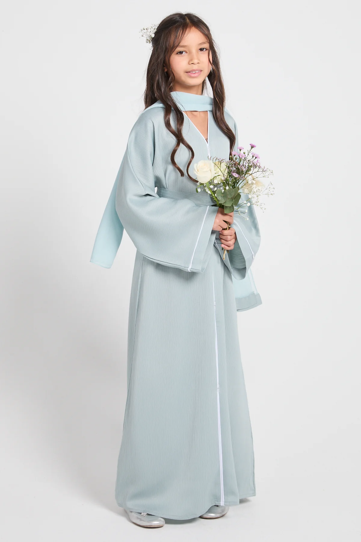 Junior Girls Closed Textured Abaya with Dainty - Dusky Powder Blue - Image 7