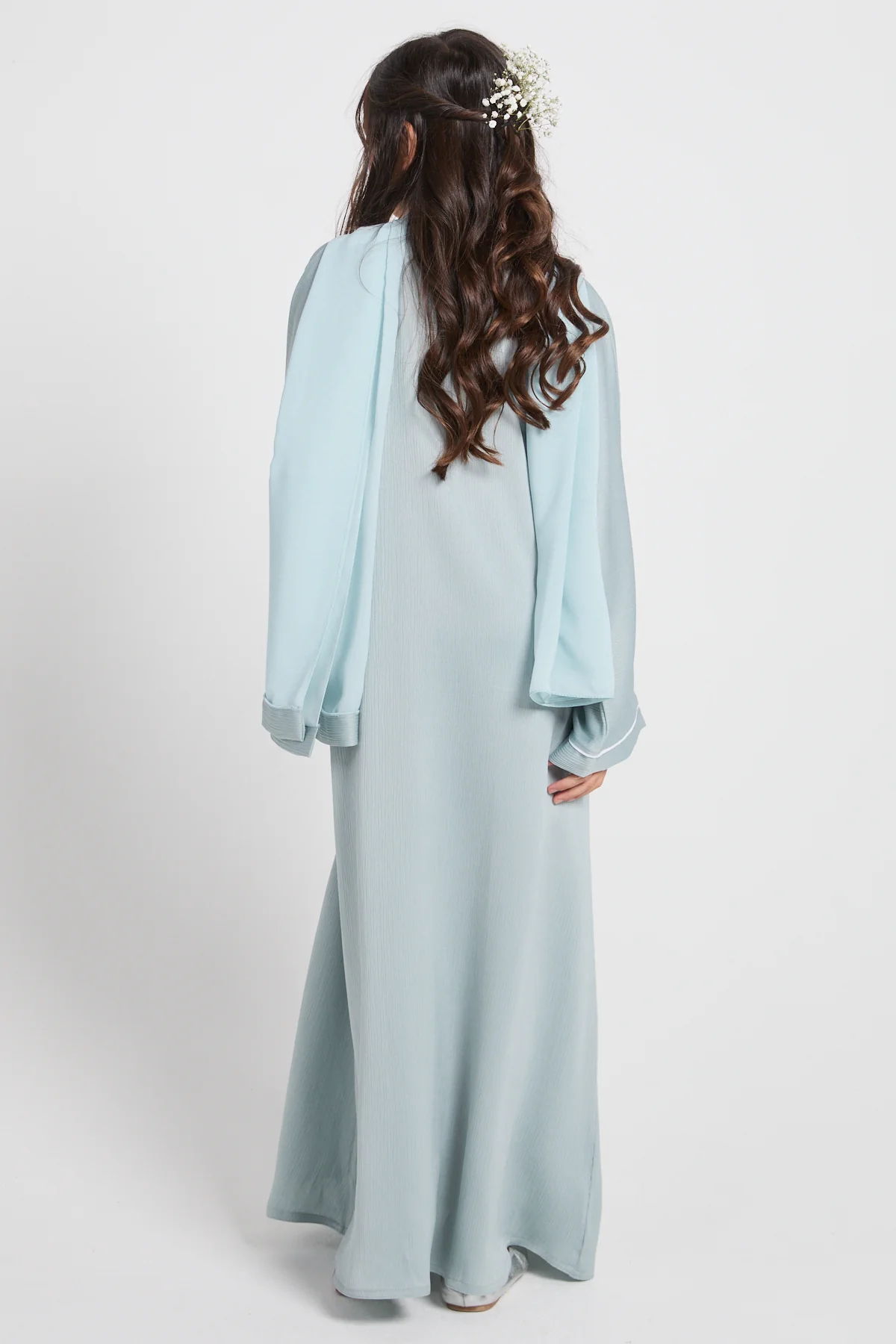 Junior Girls Closed Textured Abaya with Dainty - Dusky Powder Blue - Image 8