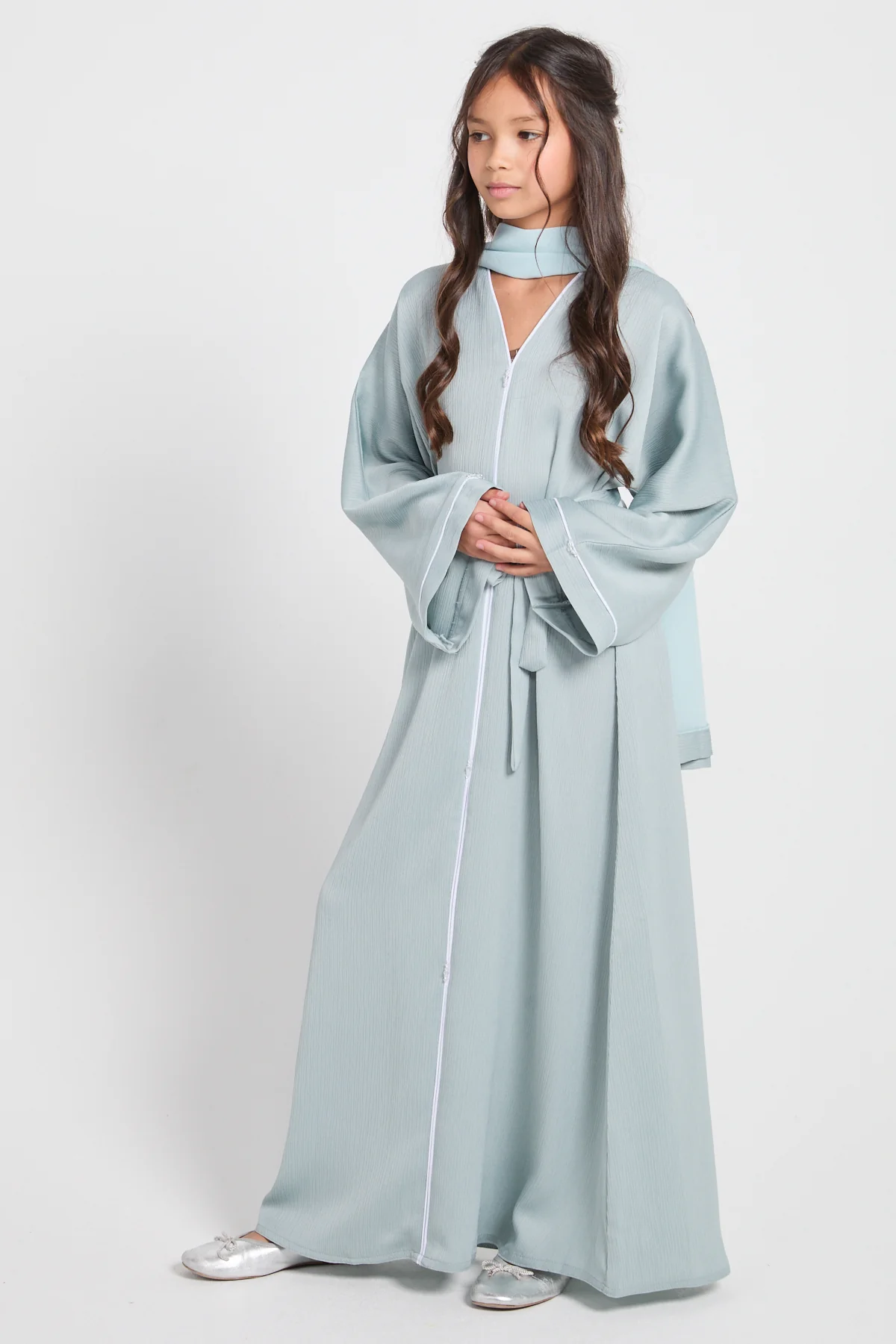 Junior Girls Closed Textured Abaya with Dainty - Dusky Powder Blue - Image 9