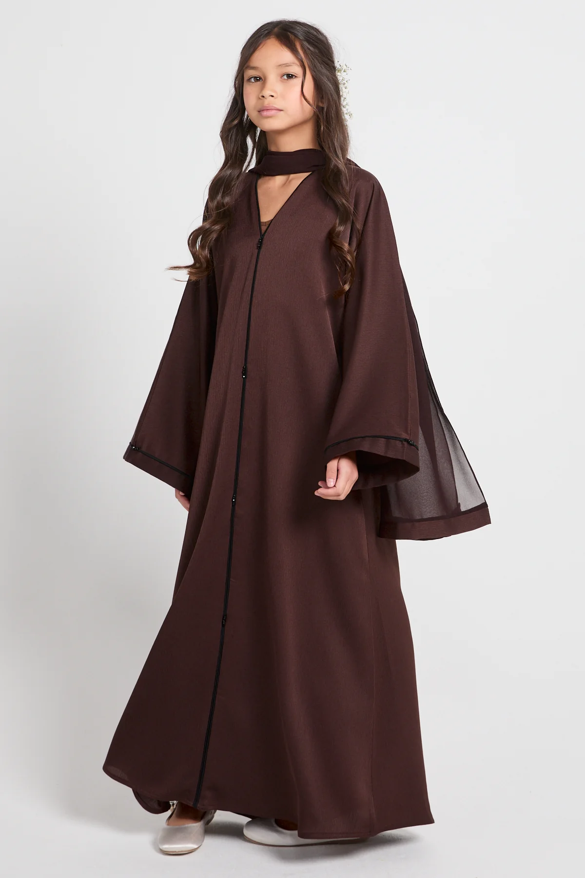Junior Girls Closed Textured Abaya with Dainty Detailing - Espresso