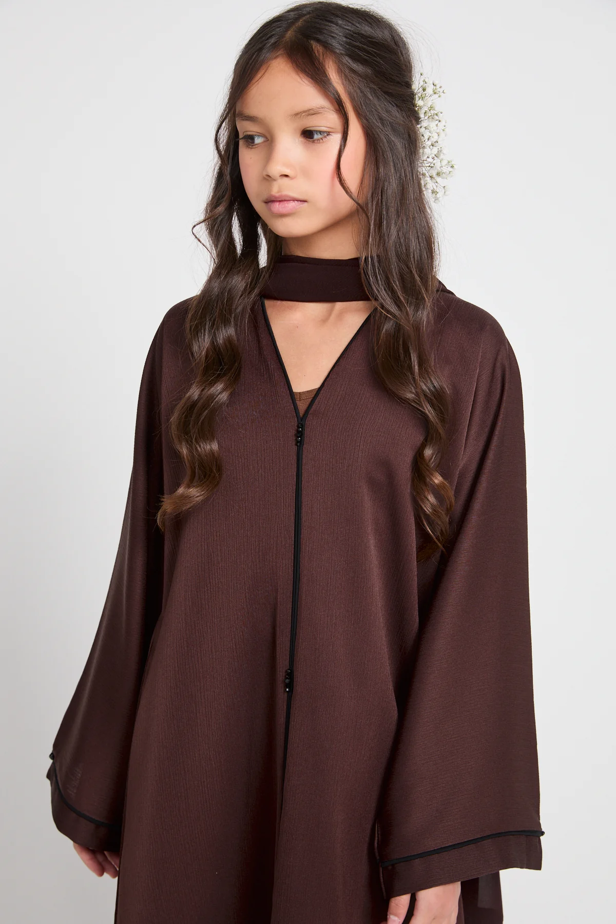 Junior Girls Closed Textured Abaya with Dainty Detailing - Espresso - Image 2