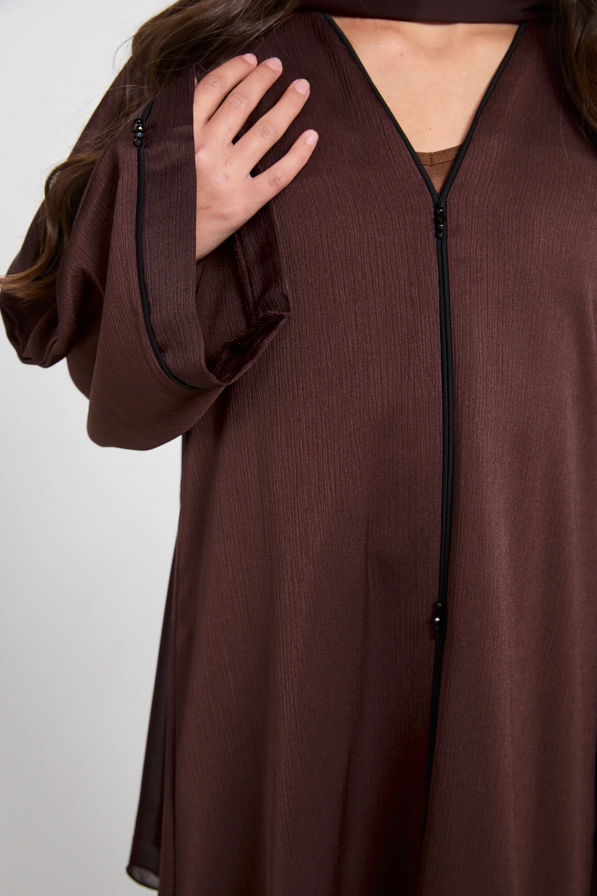 Junior Girls Closed Textured Abaya with Dainty Detailing - Espresso - Image 4