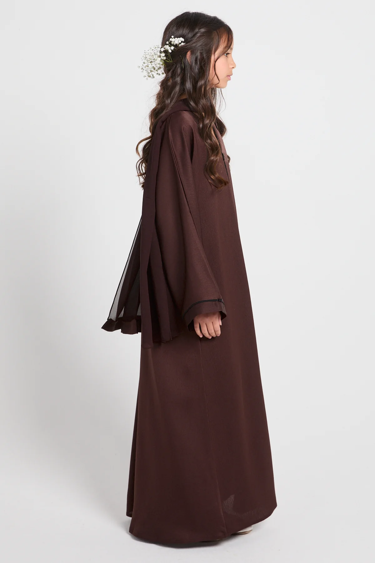 Junior Girls Closed Textured Abaya with Dainty Detailing - Espresso - Image 5