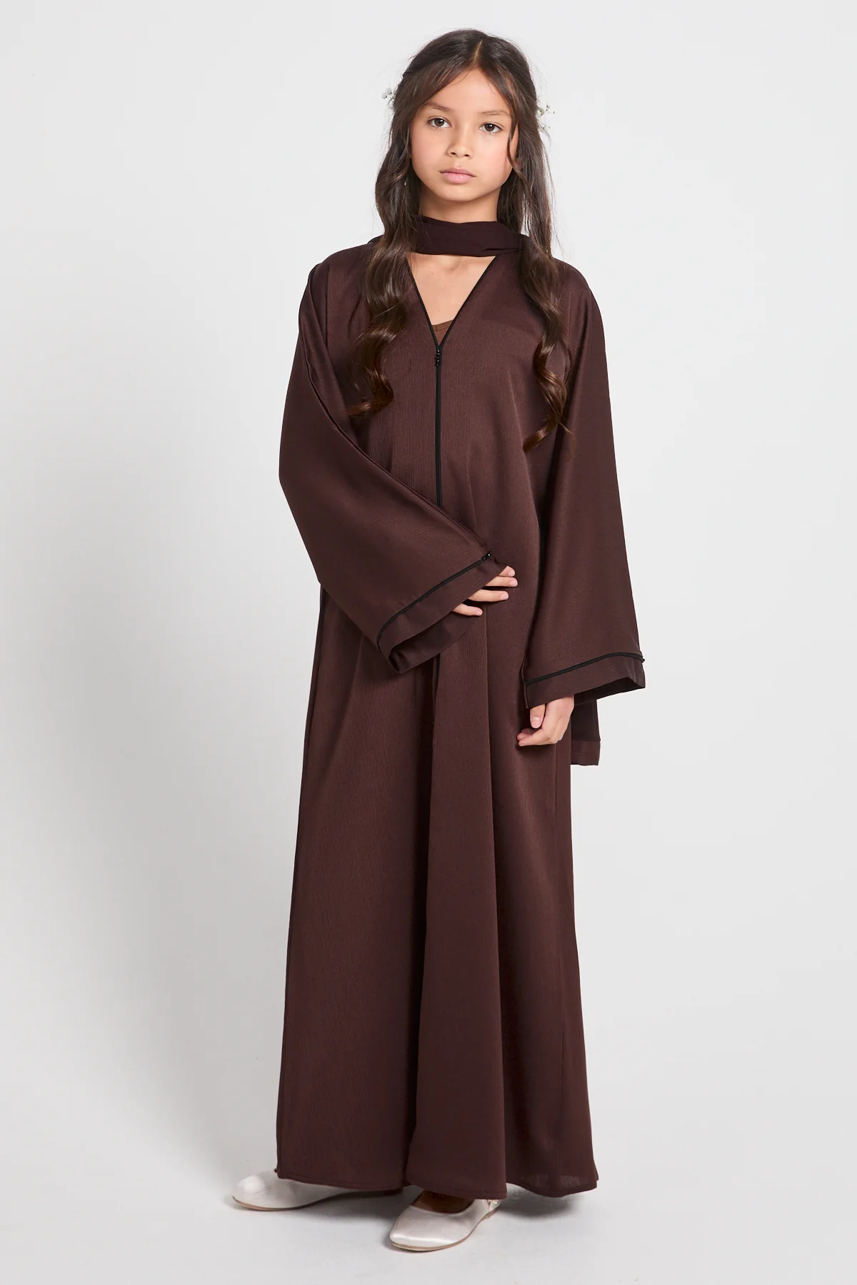 Junior Girls Closed Textured Abaya with Dainty Detailing - Espresso - Image 6