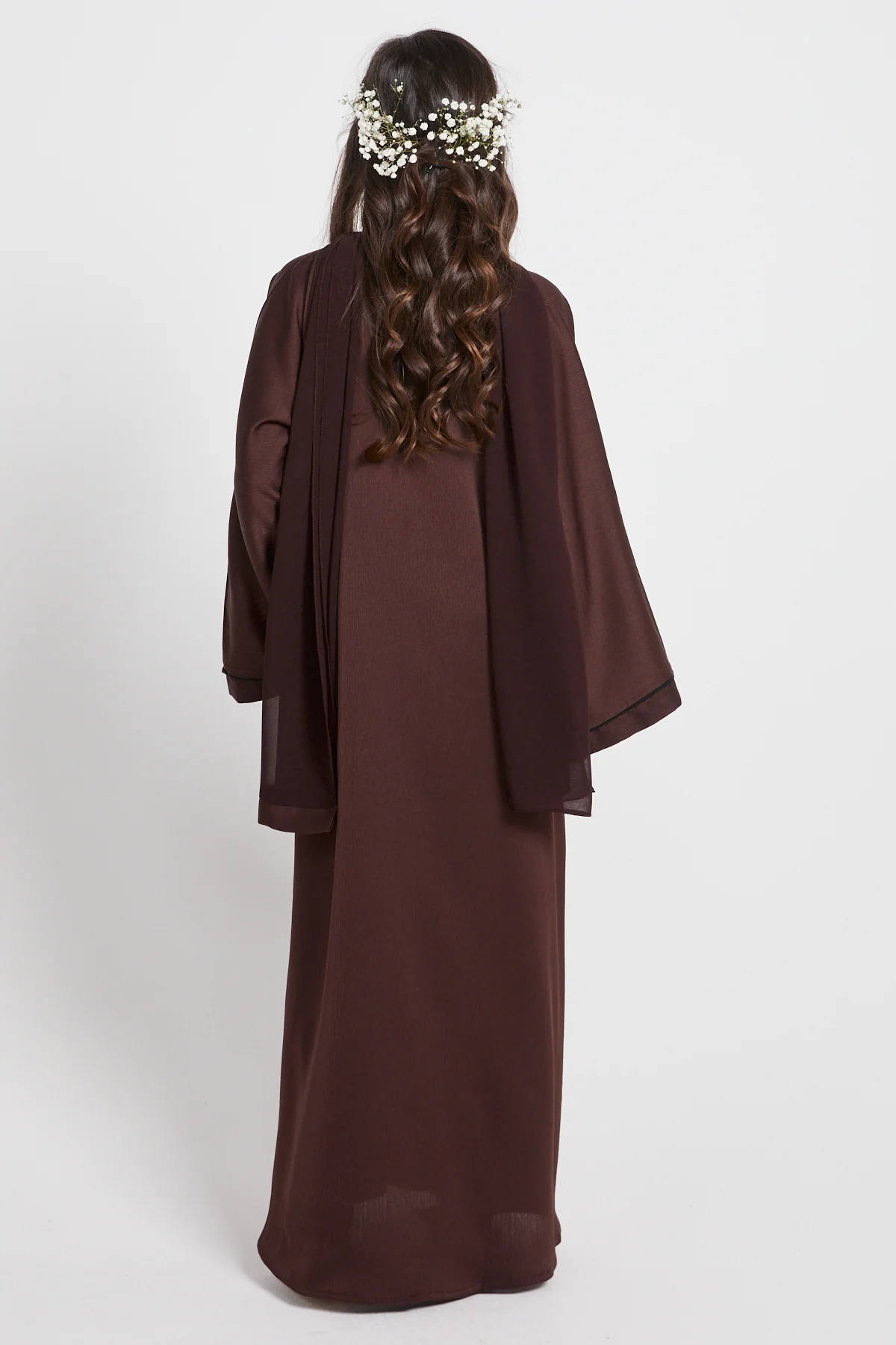 Junior Girls Closed Textured Abaya with Dainty Detailing - Espresso - Image 7