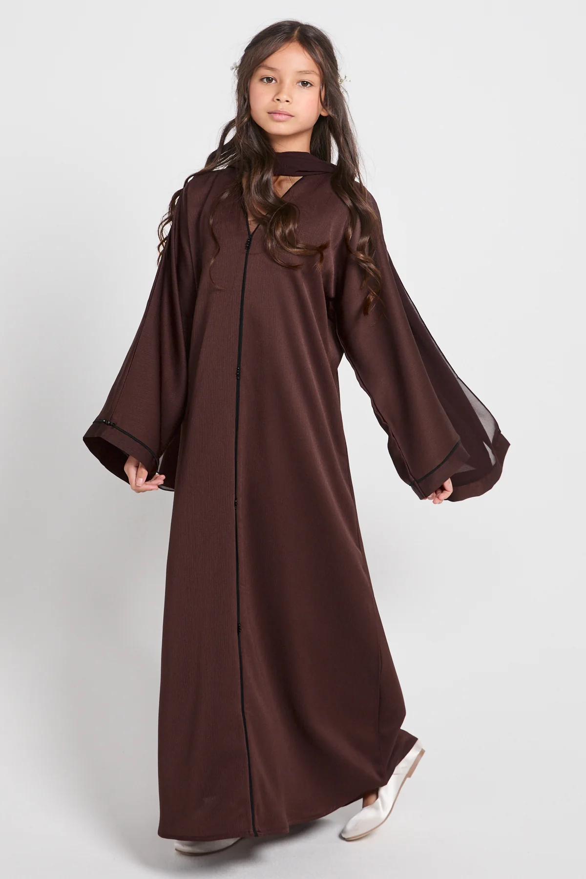 Junior Girls Closed Textured Abaya with Dainty Detailing - Espresso - Image 8