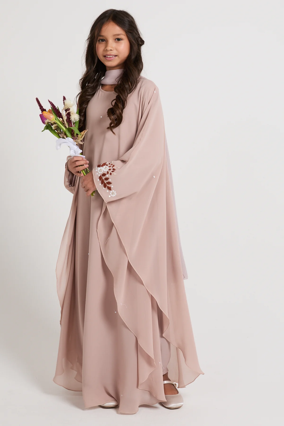 Junior Girls Embroidered Chiffon Overlay Butterfly Cut Closed Abaya – Blush Nude