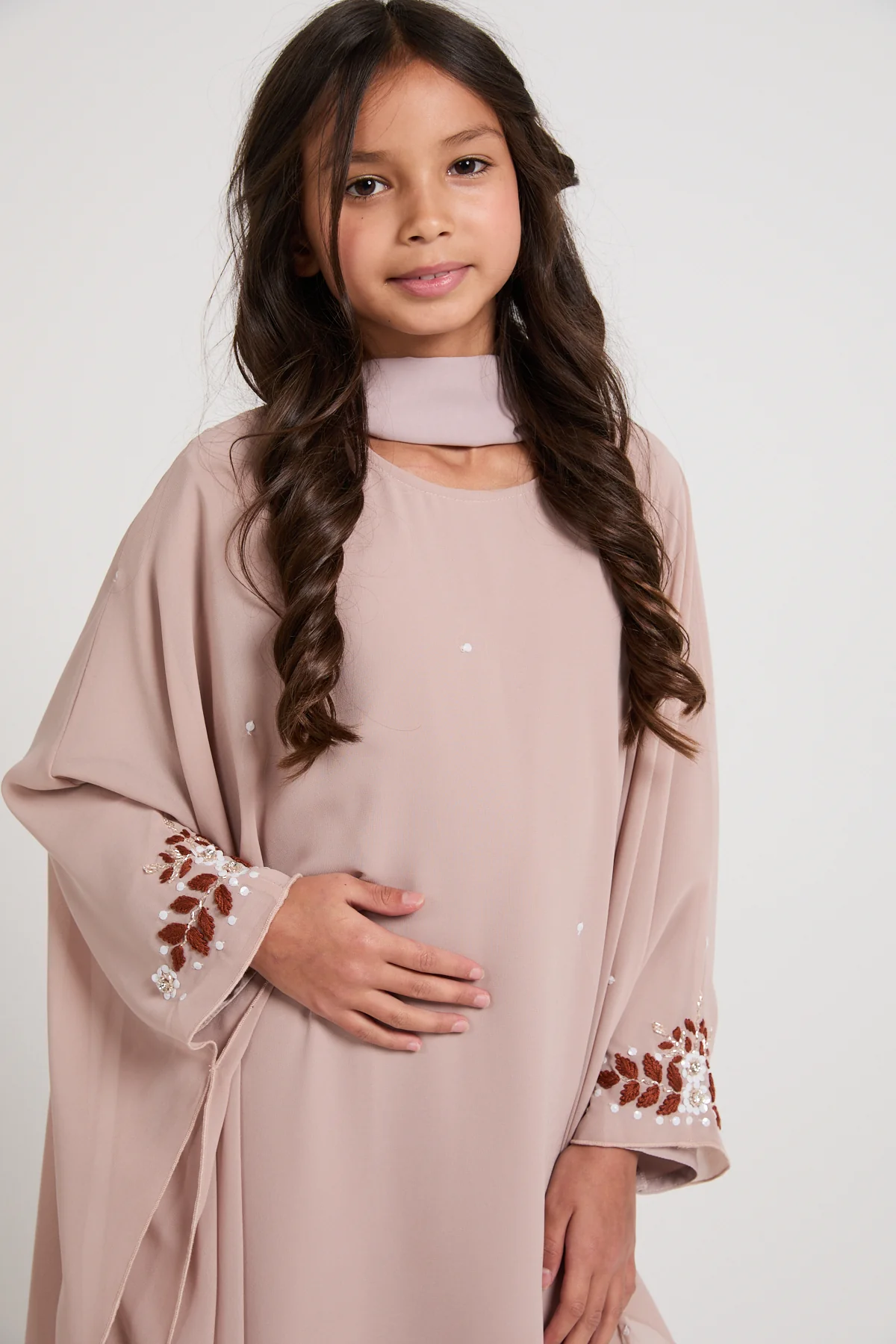 Junior Girls Embroidered Chiffon Overlay Butterfly Cut Closed Abaya – Blush Nude - Image 2