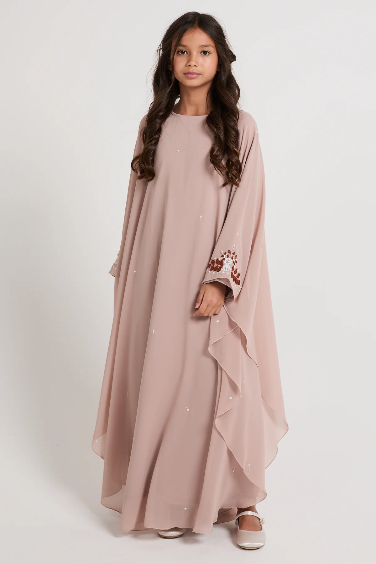 Junior Girls Embroidered Chiffon Overlay Butterfly Cut Closed Abaya – Blush Nude - Image 3