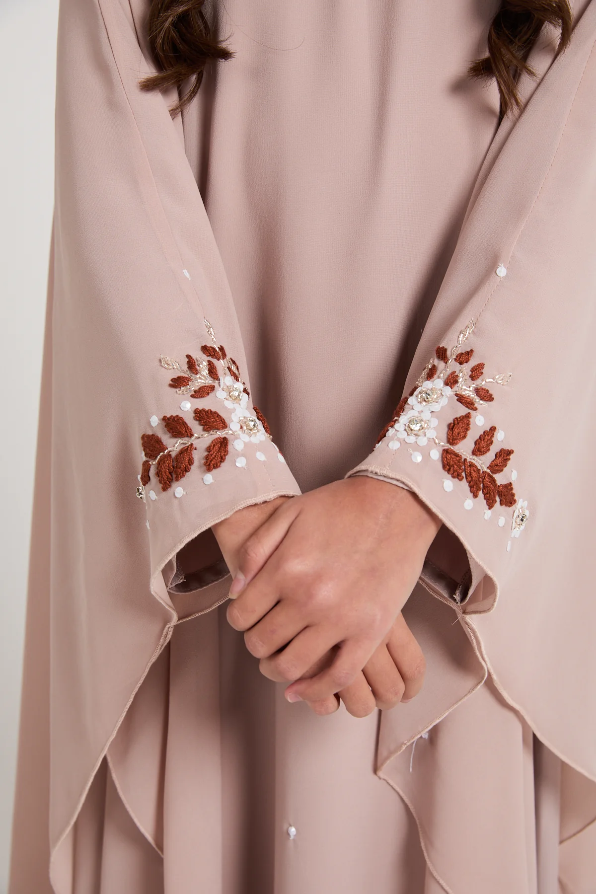 Junior Girls Embroidered Chiffon Overlay Butterfly Cut Closed Abaya – Blush Nude - Image 4
