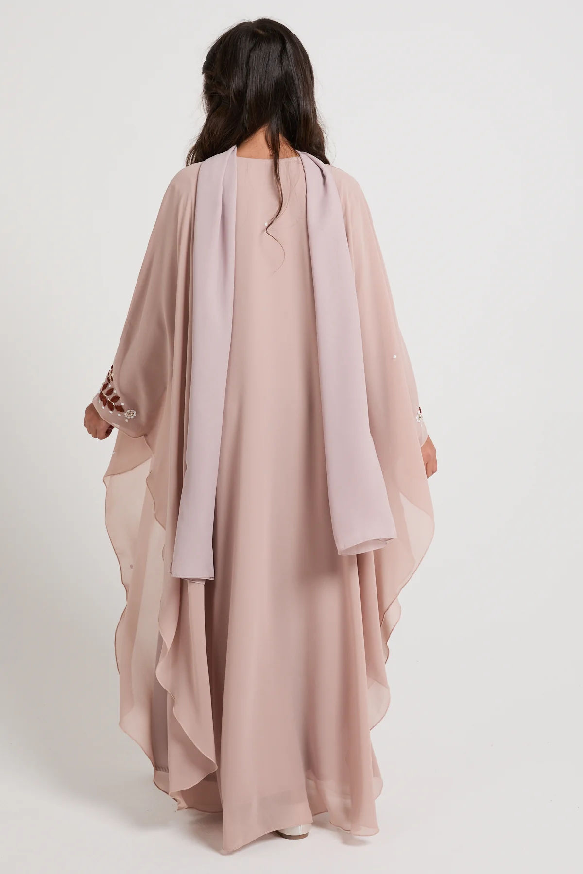 Junior Girls Embroidered Chiffon Overlay Butterfly Cut Closed Abaya – Blush Nude - Image 5