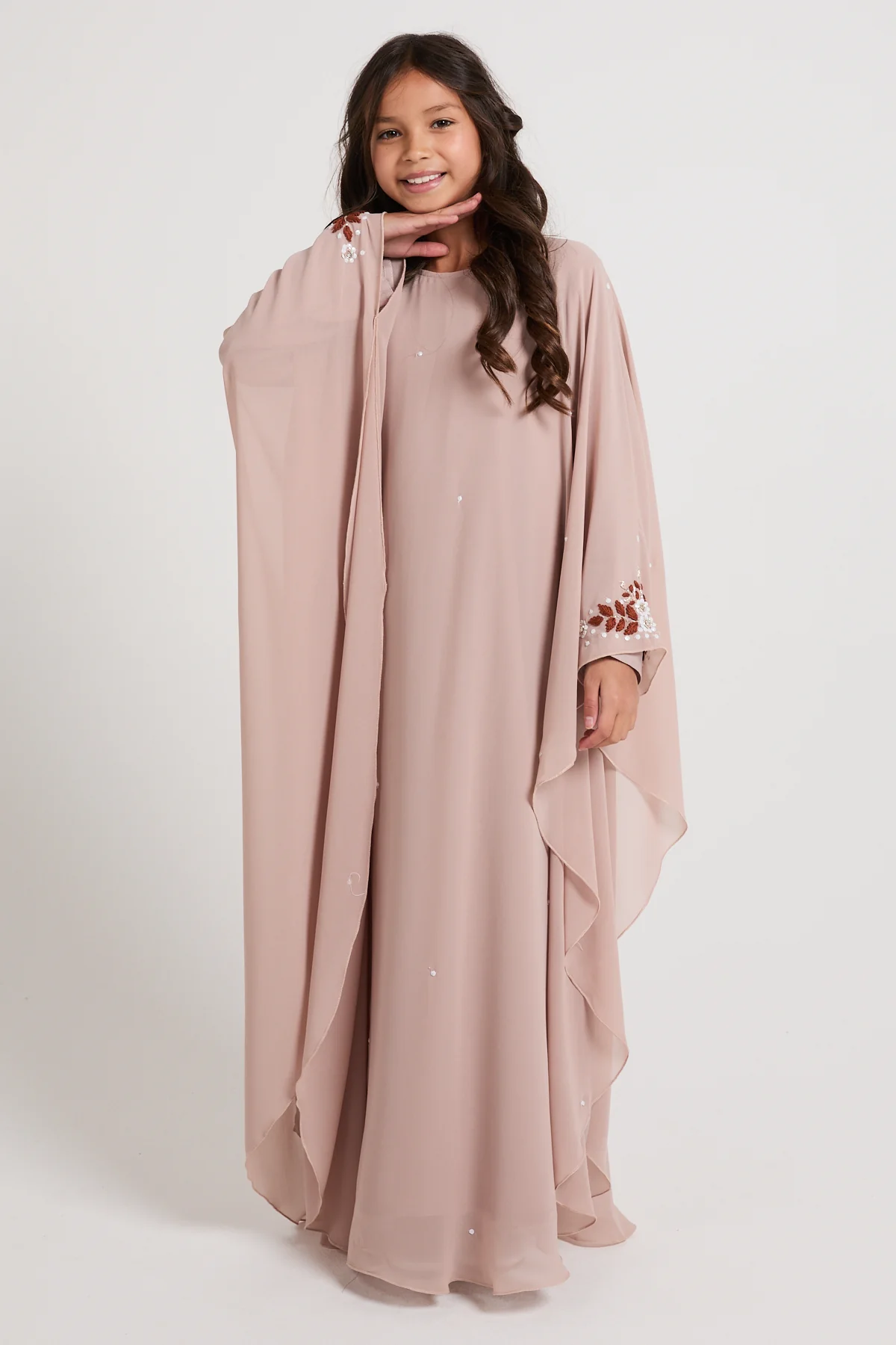 Junior Girls Embroidered Chiffon Overlay Butterfly Cut Closed Abaya – Blush Nude - Image 6