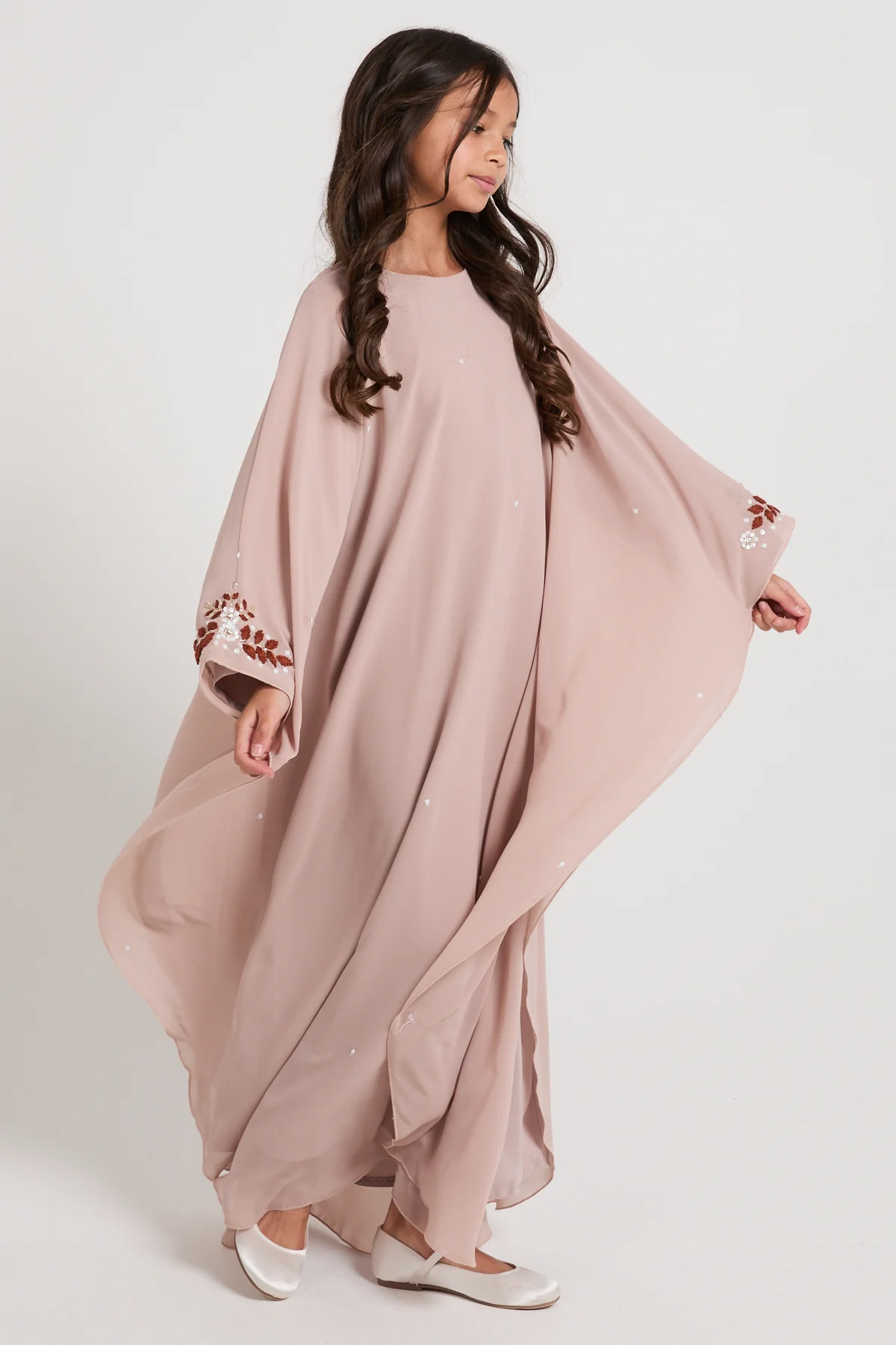 Junior Girls Embroidered Chiffon Overlay Butterfly Cut Closed Abaya – Blush Nude - Image 7