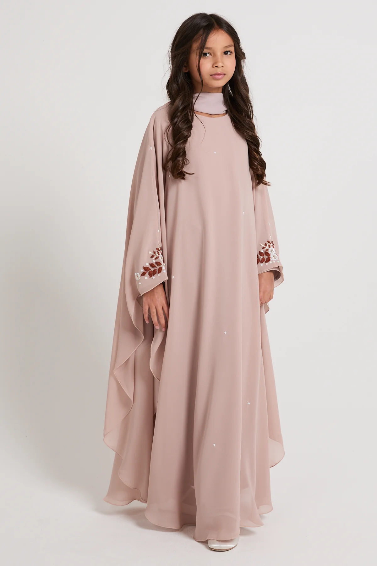 Junior Girls Embroidered Chiffon Overlay Butterfly Cut Closed Abaya – Blush Nude - Image 8