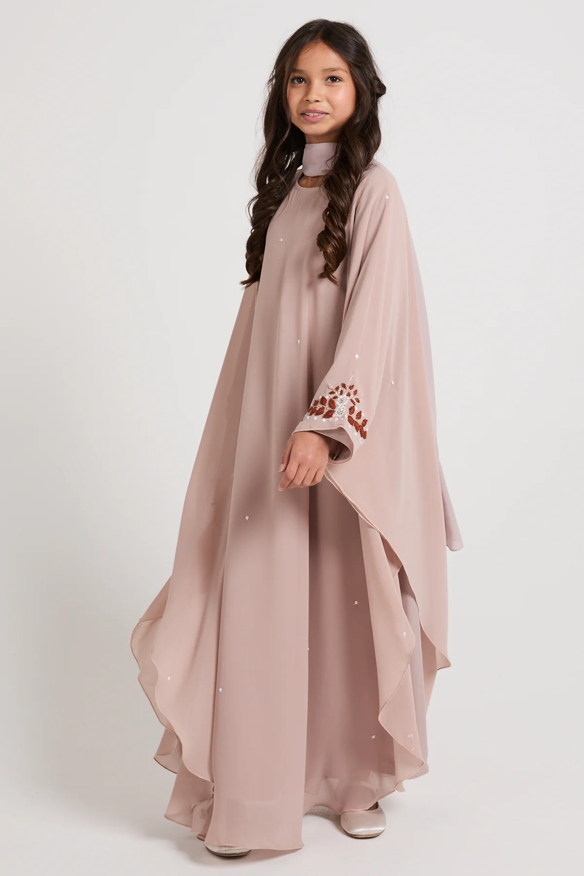 Junior Girls Embroidered Chiffon Overlay Butterfly Cut Closed Abaya – Blush Nude - Image 9