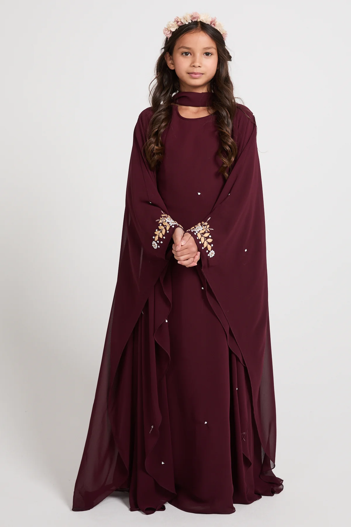Junior Girls Embroidered Chiffon Overlay Butterfly Cut Closed Abaya – Royal Burgundy