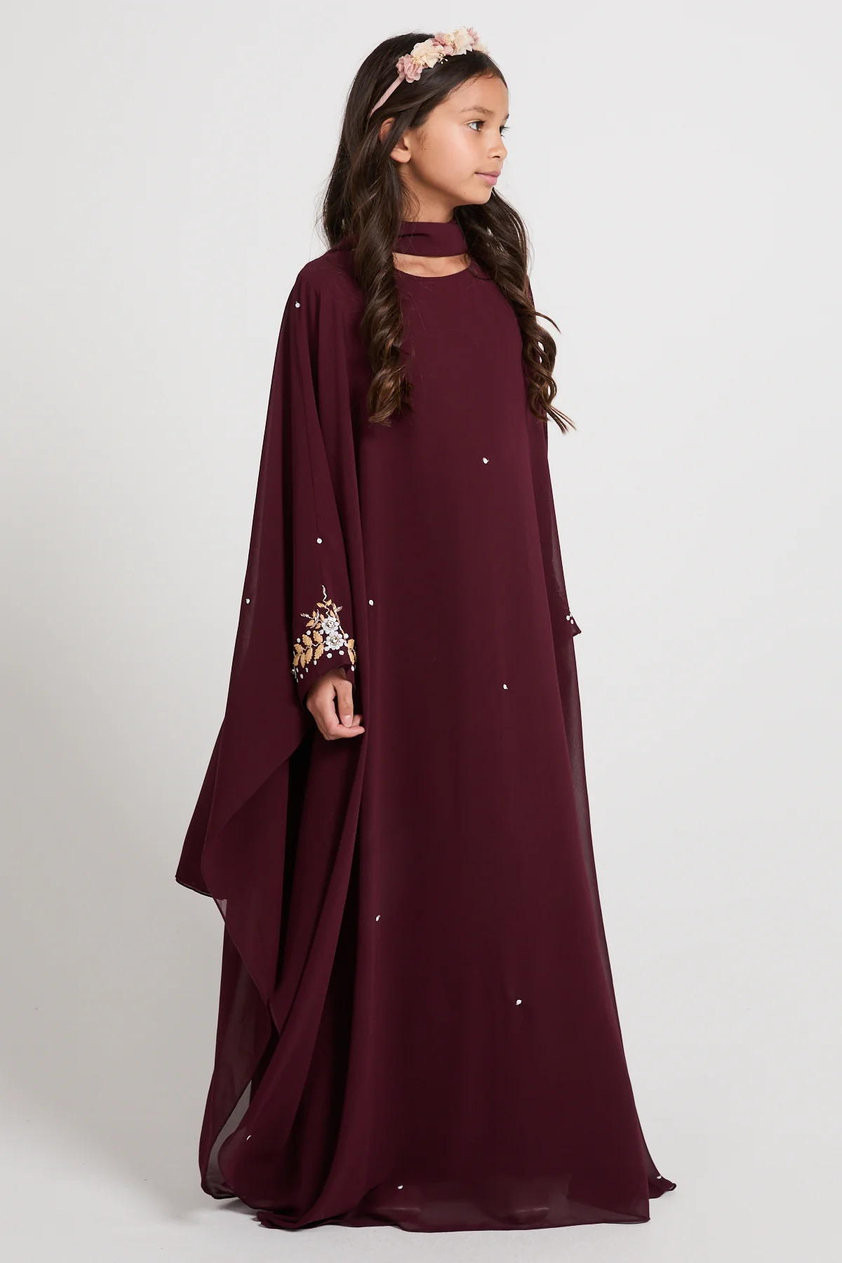 Junior Girls Embroidered Chiffon Overlay Butterfly Cut Closed Abaya – Royal Burgundy - Image 10