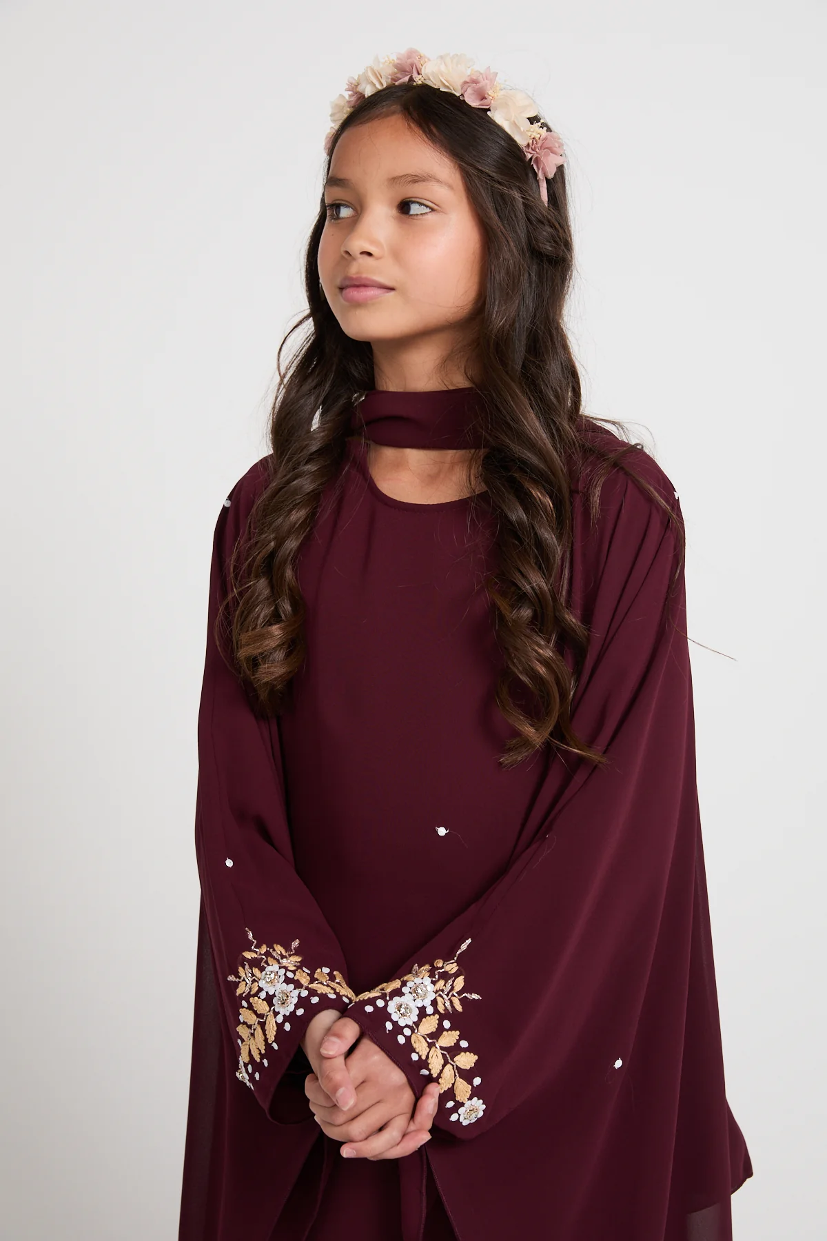Junior Girls Embroidered Chiffon Overlay Butterfly Cut Closed Abaya – Royal Burgundy - Image 2