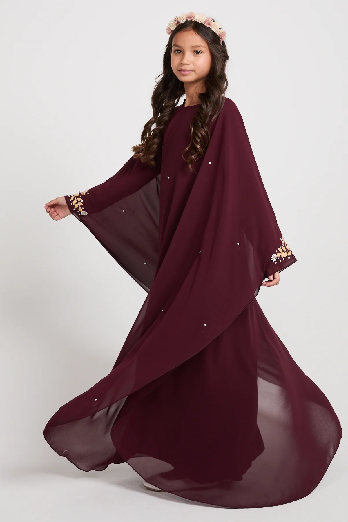 Junior Girls Embroidered Chiffon Overlay Butterfly Cut Closed Abaya – Royal Burgundy - Image 3