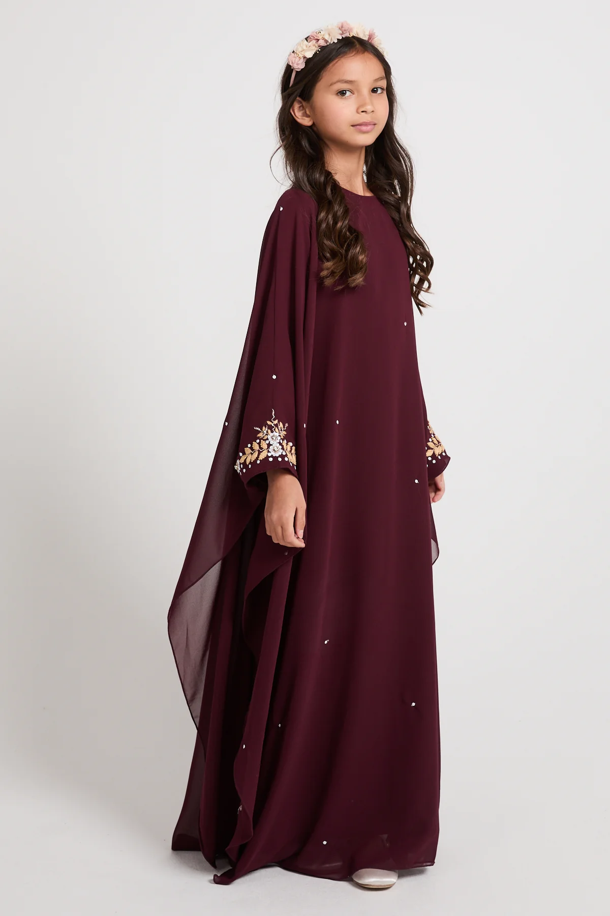 Junior Girls Embroidered Chiffon Overlay Butterfly Cut Closed Abaya – Royal Burgundy - Image 4