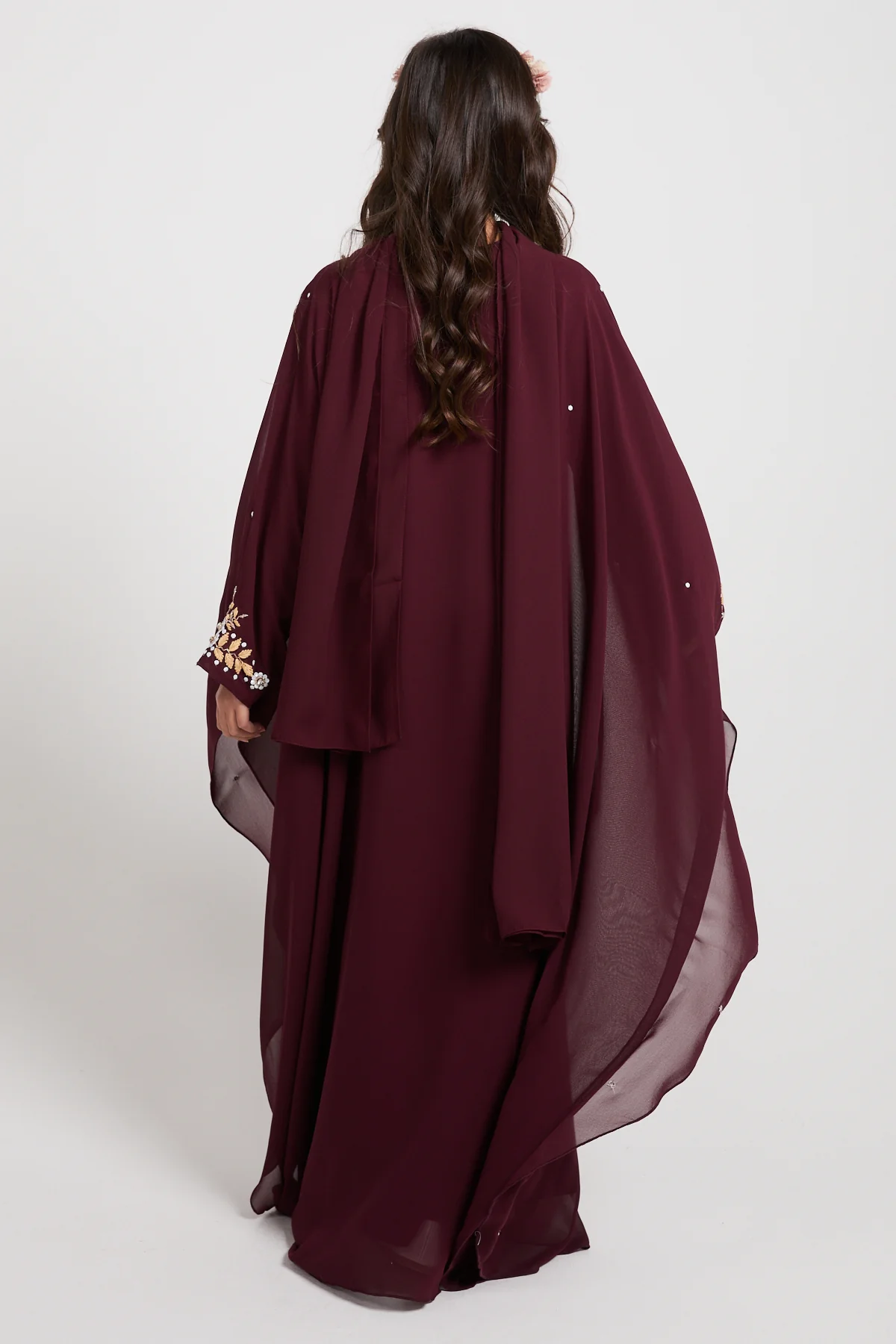 Junior Girls Embroidered Chiffon Overlay Butterfly Cut Closed Abaya – Royal Burgundy - Image 5
