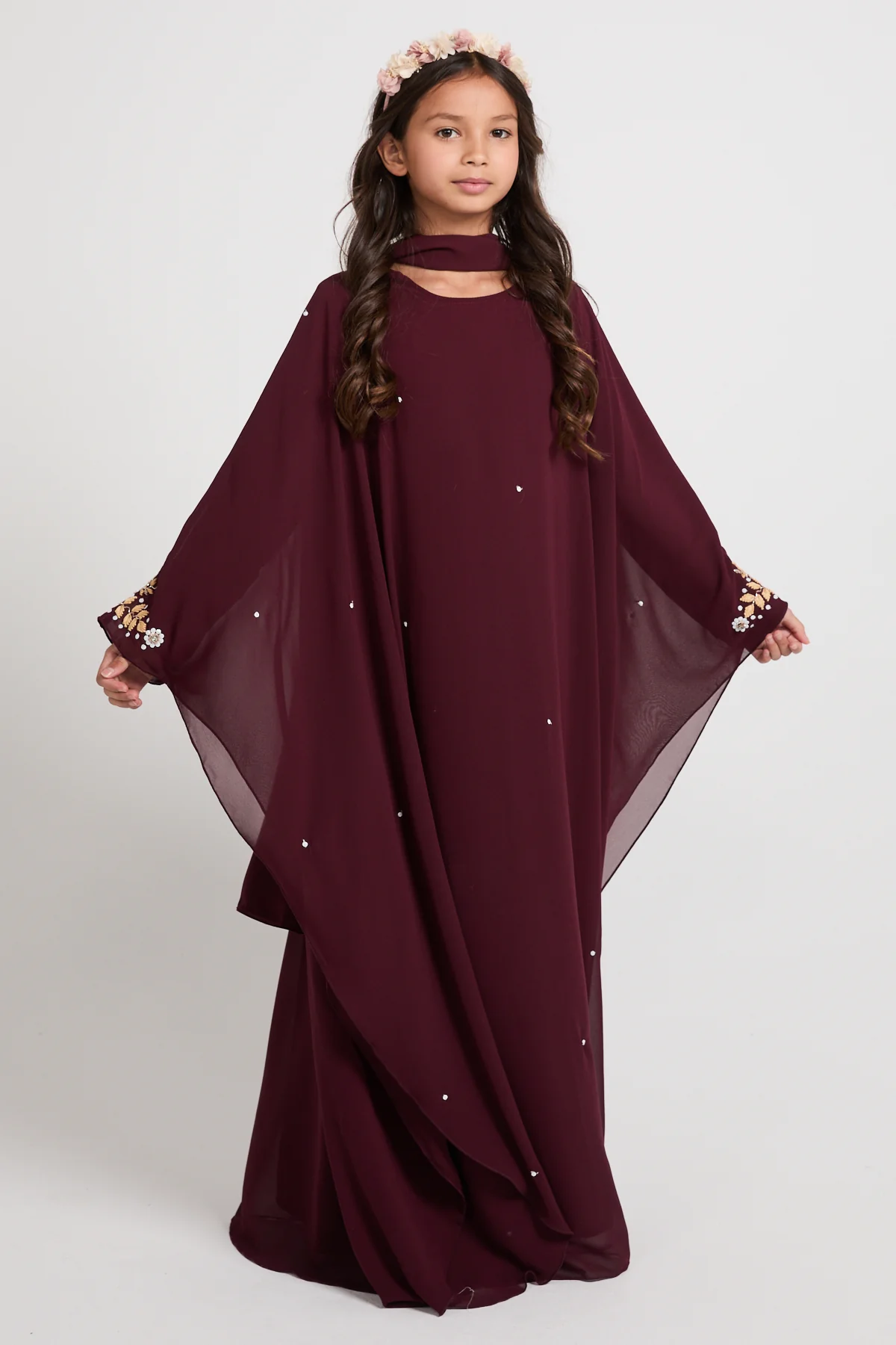 Junior Girls Embroidered Chiffon Overlay Butterfly Cut Closed Abaya – Royal Burgundy - Image 6