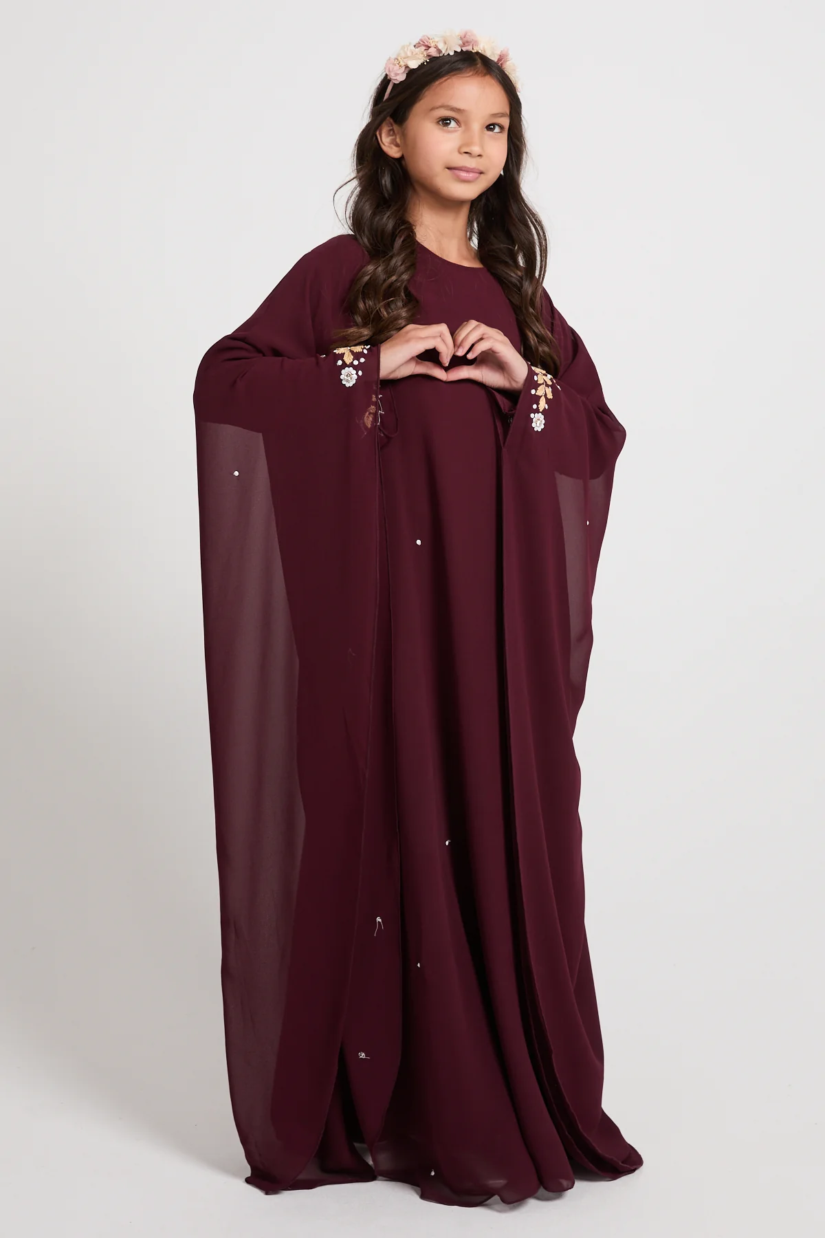 Junior Girls Embroidered Chiffon Overlay Butterfly Cut Closed Abaya – Royal Burgundy - Image 7