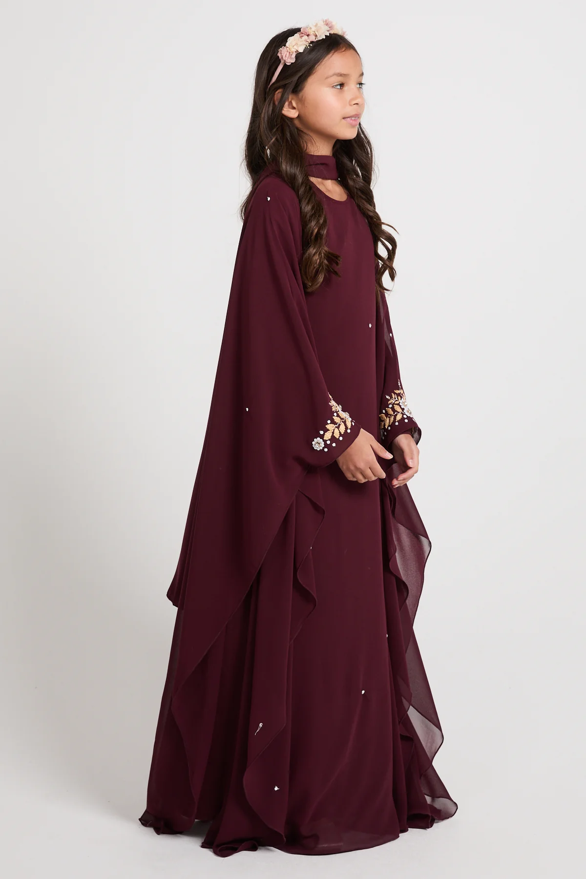 Junior Girls Embroidered Chiffon Overlay Butterfly Cut Closed Abaya – Royal Burgundy - Image 8