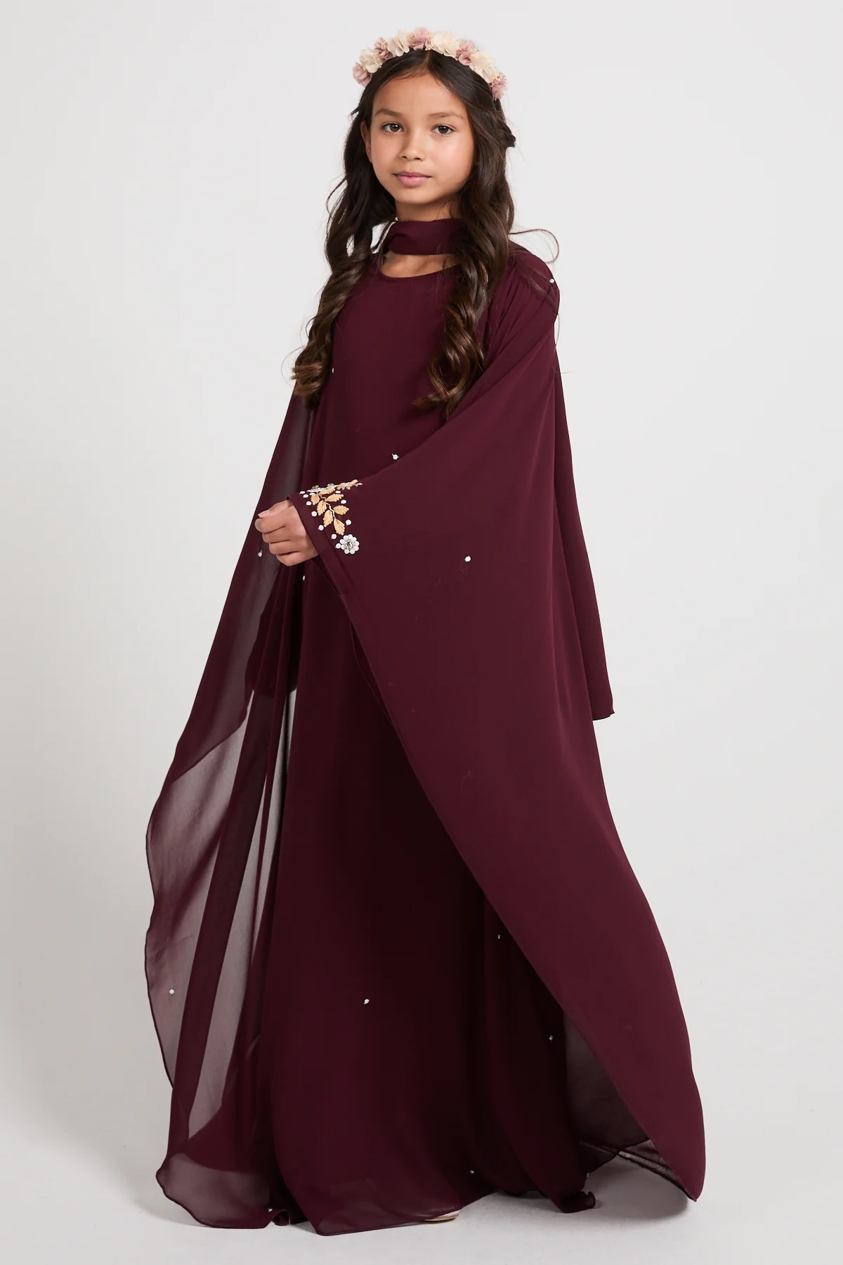 Junior Girls Embroidered Chiffon Overlay Butterfly Cut Closed Abaya – Royal Burgundy - Image 9