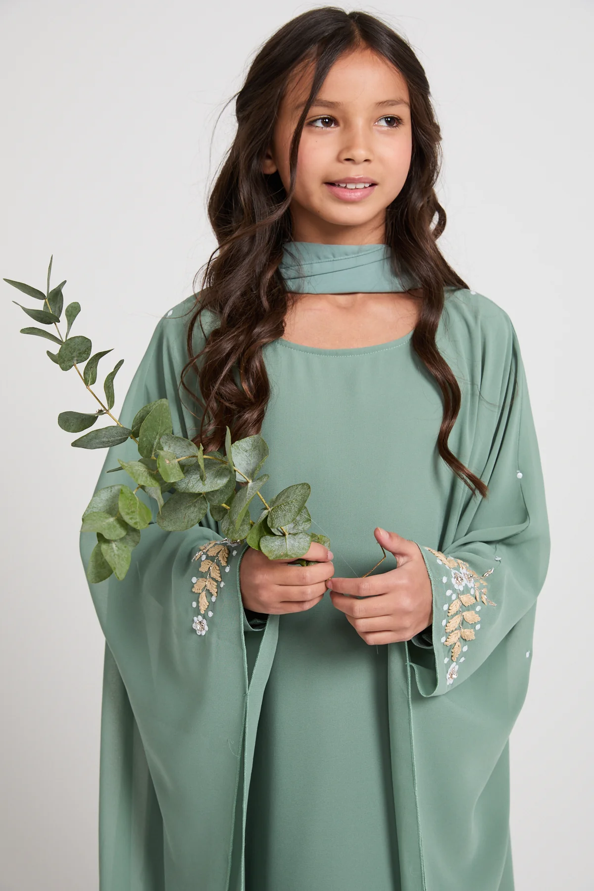 Junior Girls Embroidered Chiffon Overlay Butterfly Cut Closed Abaya – Sage Mist - Image 2