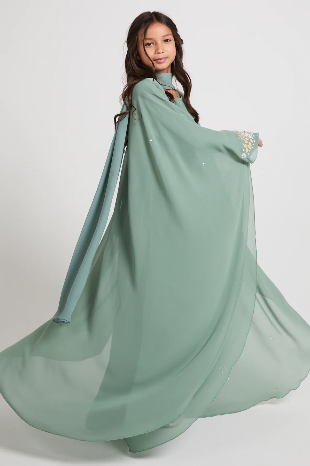 Junior Girls Embroidered Chiffon Overlay Butterfly Cut Closed Abaya – Sage Mist - Image 3