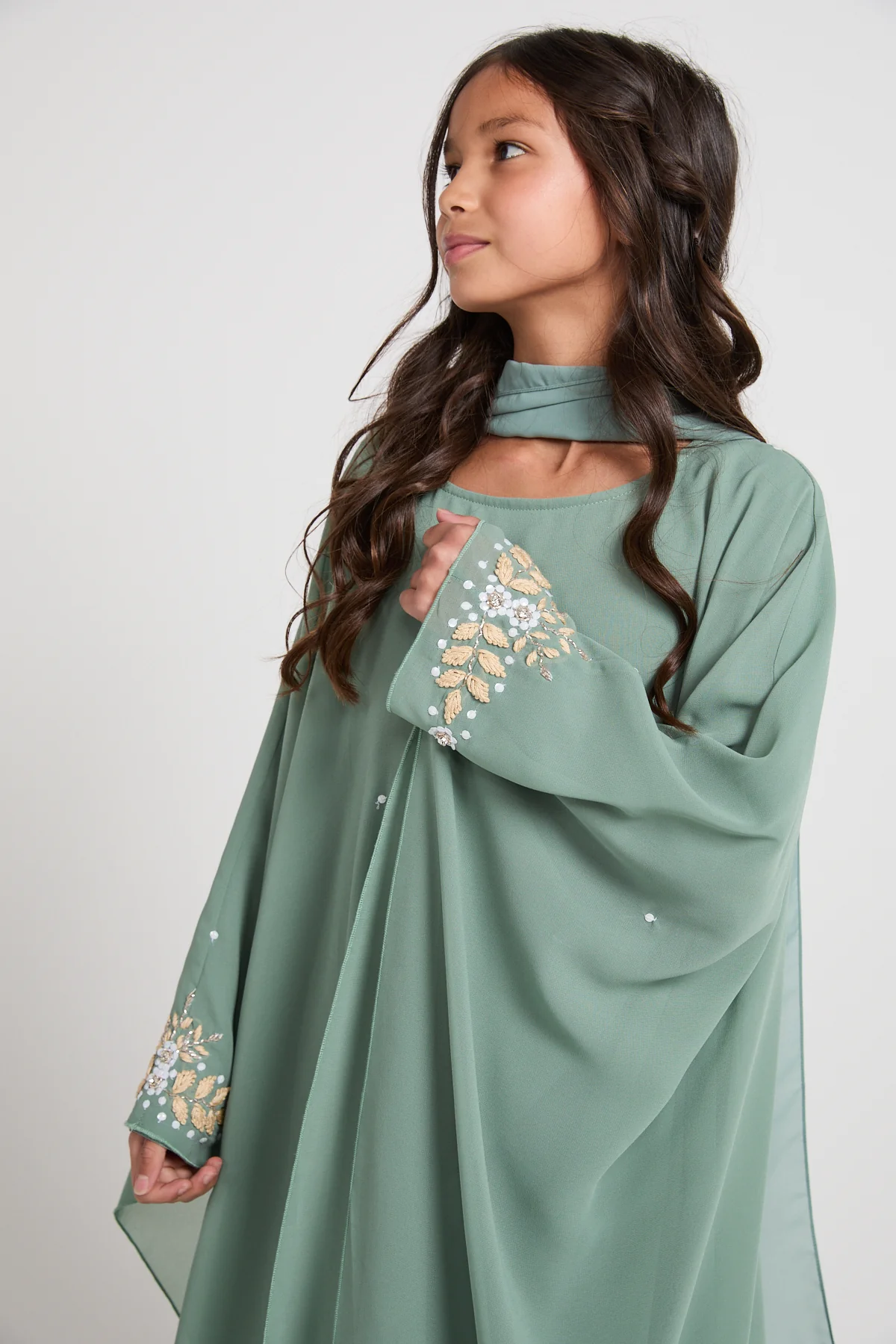 Junior Girls Embroidered Chiffon Overlay Butterfly Cut Closed Abaya – Sage Mist - Image 4